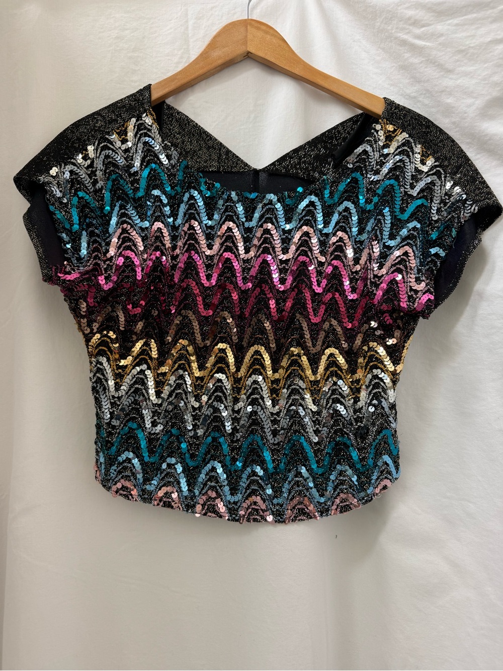 Vintage Sequin Wave Pattern Crop Top - Black with Teal, Pink & Gold